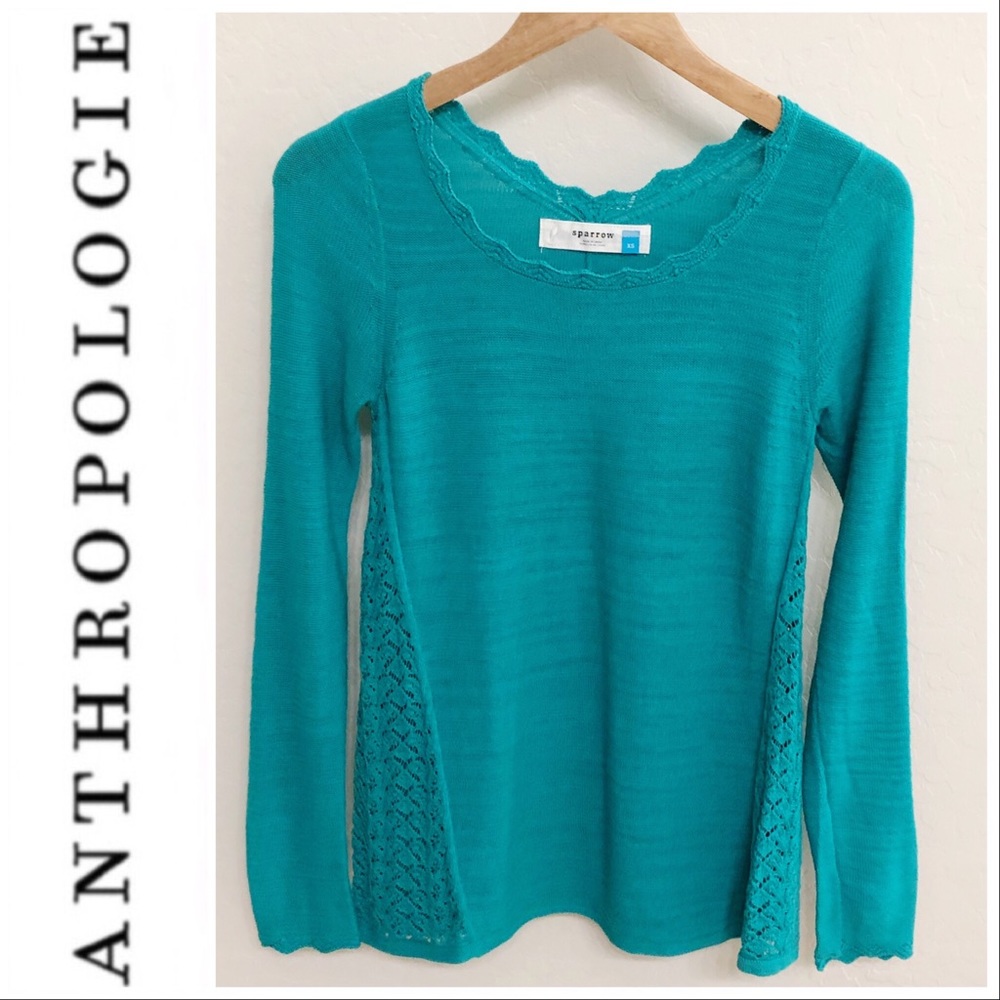 Anthro Sparrow Godet Turquoise Crochet Sweater XS